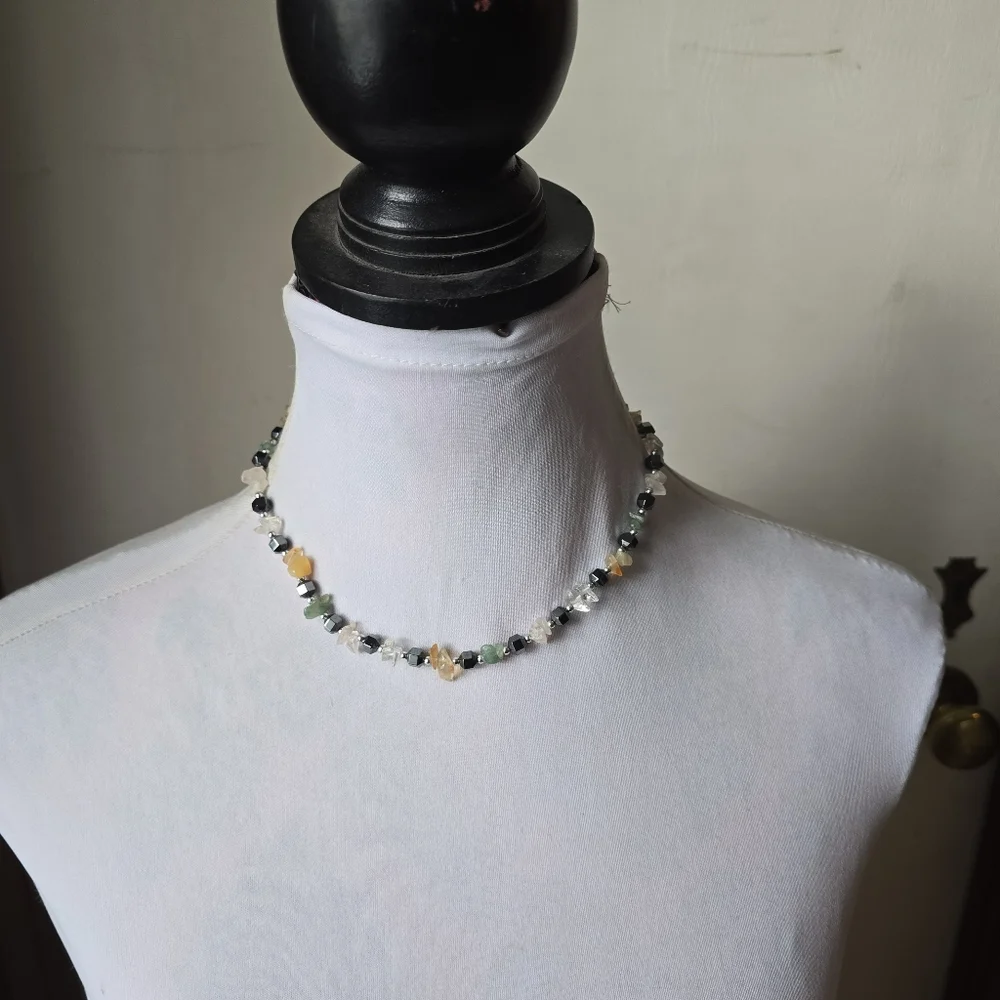 Handmade gemstone necklace beaded yellow green grey gray silver tone clear